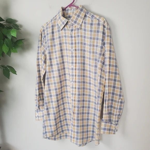 Faconnable Plaid Buttondown Long Sleeve Shirt Yellow Blue Size XL - Picture 2 of 10